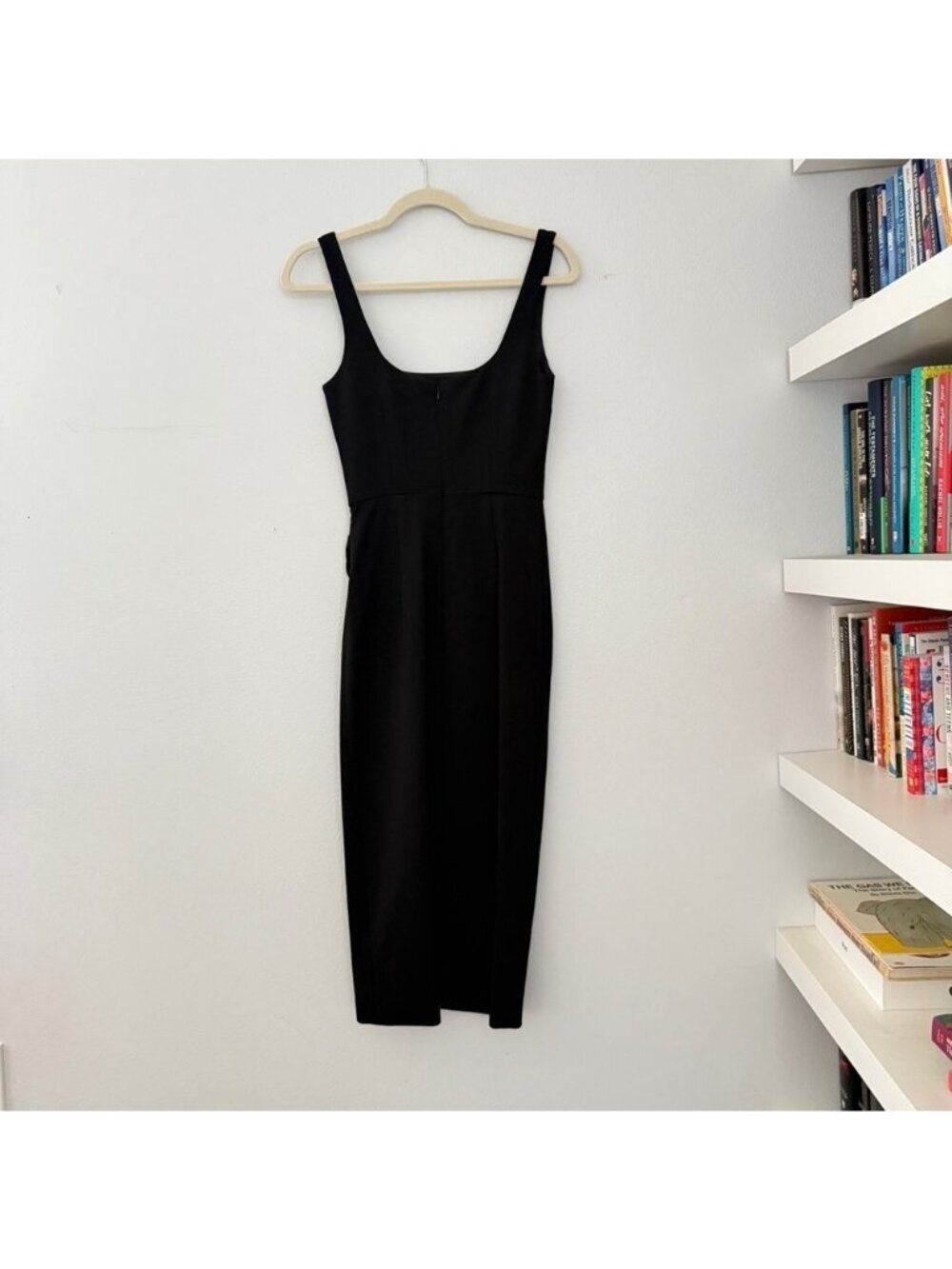 CUSHNIE Black Square Neck Ruched Side Slit Dress sz 0 - Picture 8 of 16
